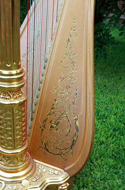 Photo of the harp soundboard of Pamela Brown's harp.